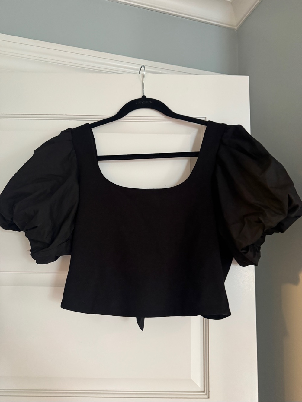 Anthropologie Black Puff Sleeve Square-Neck Crop Top